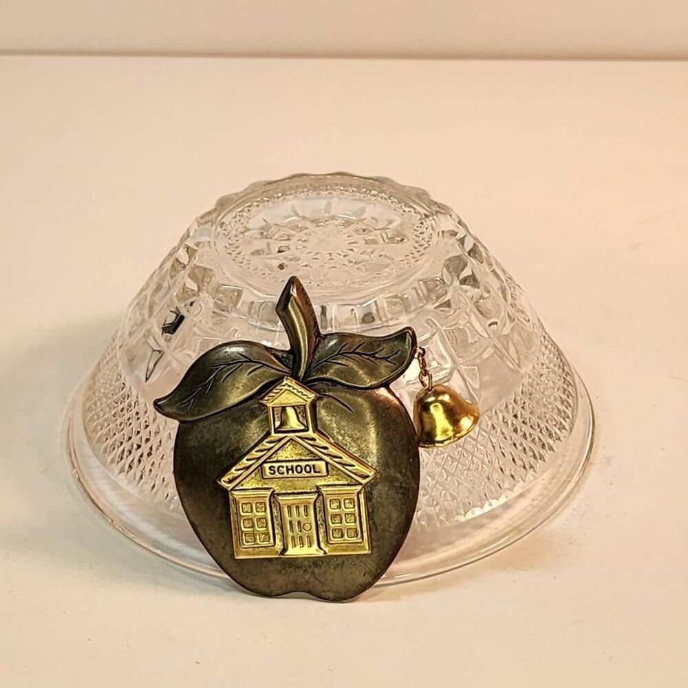Apple teacher brooch with school house and dangle bell Teacher Gift